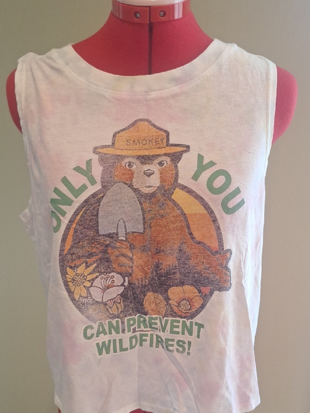 White Tie Dyed  Tank Top - 'Only You Can Prevent Wildfires'  Size M